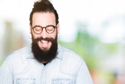 square bearded with a top knot