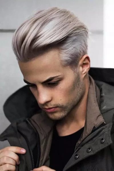 Deep Side Part Undercut Silver Hair