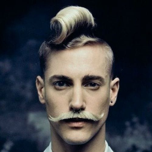 Mustachioed Asymmetrical Quiff with Short Sides