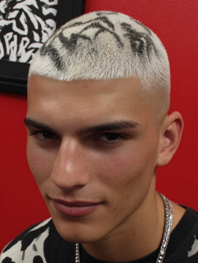Bleached Buzz with Design Etching5 Low Fade Haircut Ideas for Blonde Hair That Turn Heads